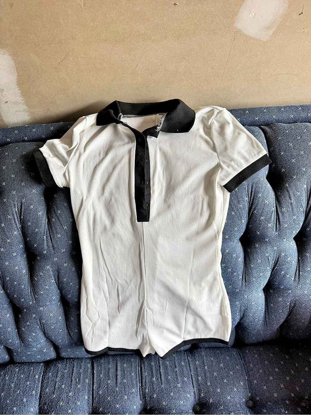 Fashion Nova Get Together Ribbed Collar Romper Bodysuit White & Black Medium